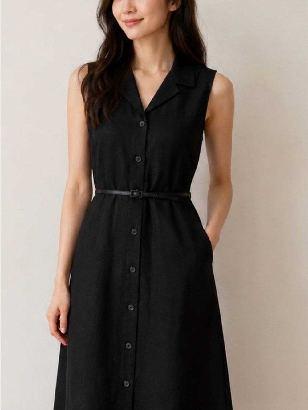 Emma James Linen Sleeveless Black Button-Front Belted Dress